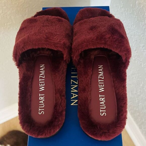 STUART WEITZMAN Elodie Chill Faux Fur Slide Slipper Sandal Size 9 Cranberry NWT - Picture 11 of 16